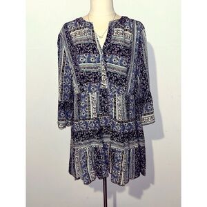 Boho V-Neck Peasant Top in Navy & Teal Cato NEW